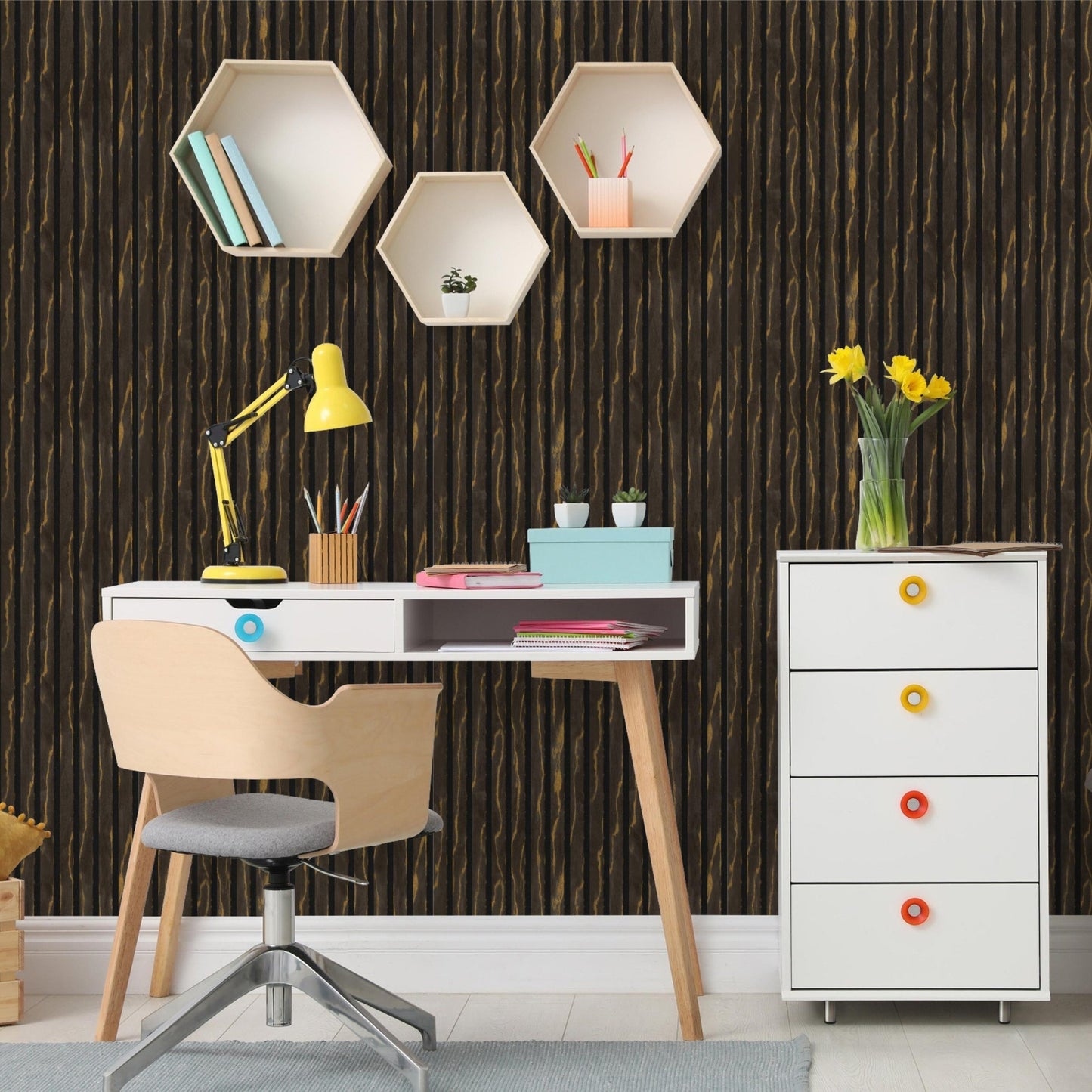Grey with Gold Line Acoustic Wood Wall Panel Thin Slat Series 1 - 240x60cm
